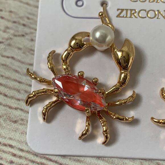Under The Sea Crab Earrings Cubic Zirconia Faux Pearl Fishhook Style Cancer - Picture 5 of 9